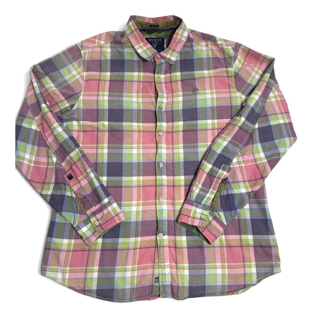 Guess Plaid Button Up Shirt Pink Green Slim Fit Mens Size XXL